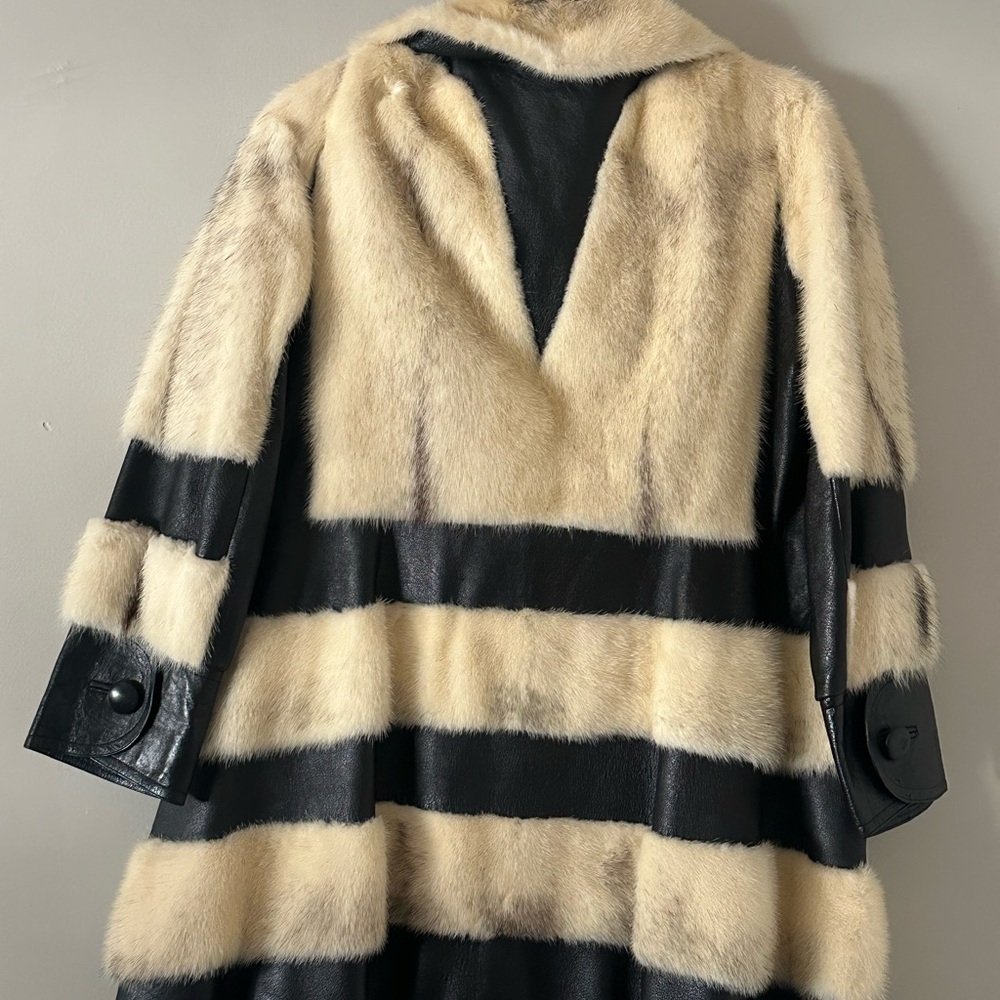 Vintage Real Fur & Leather Coat Black Cream Striped Statement Coat Women’s Small - Picture 9 of 11
